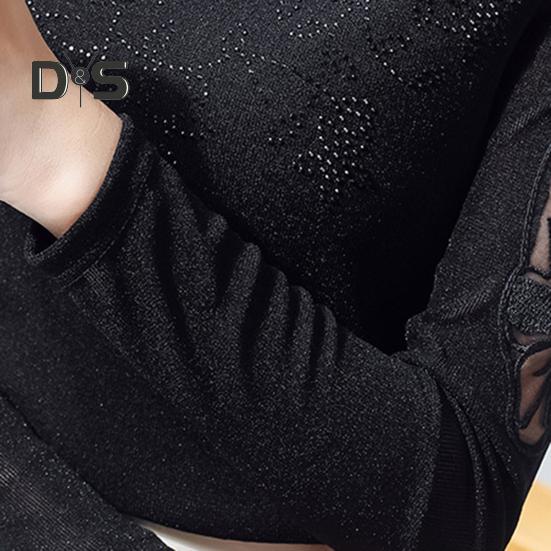 Dameoverdeler Rundhals Langermet Mesh Blonder Broderi Pullover Topper Ensfarget Slim Fit Bluse Daglig slitasje