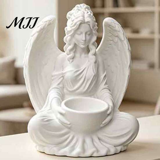 Mini Indoor Flower Pot 3D Printed Sitting Angel Figurine with Bowl, White Statue Tabletop European Style Home Decor Ornament, Multi-Purpose Holder for