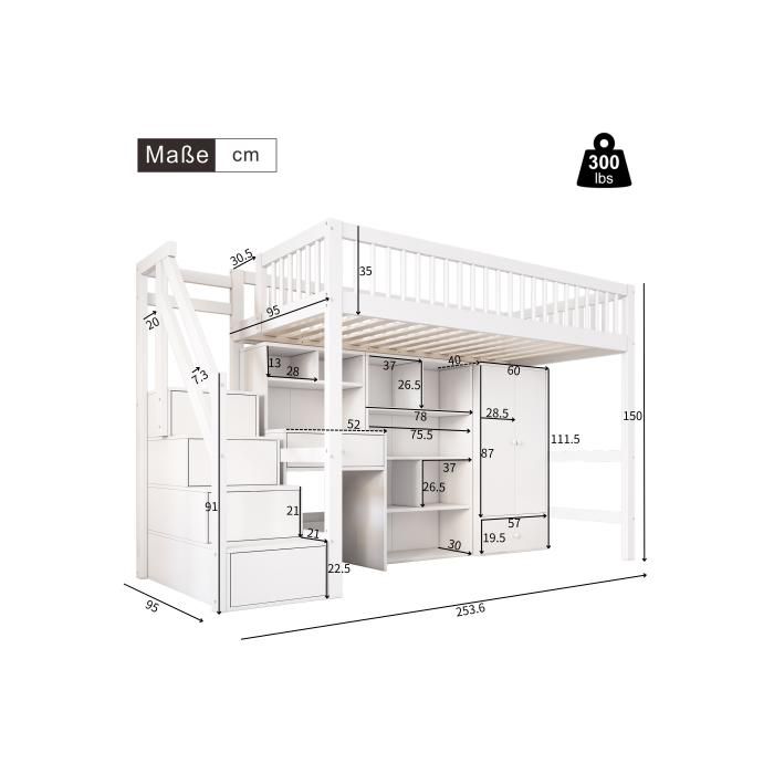 Jednoduchá multifunkční postel - MUVOE - 90x200 - Masivní dřevo - Integrovaný psací stůl - Bílá