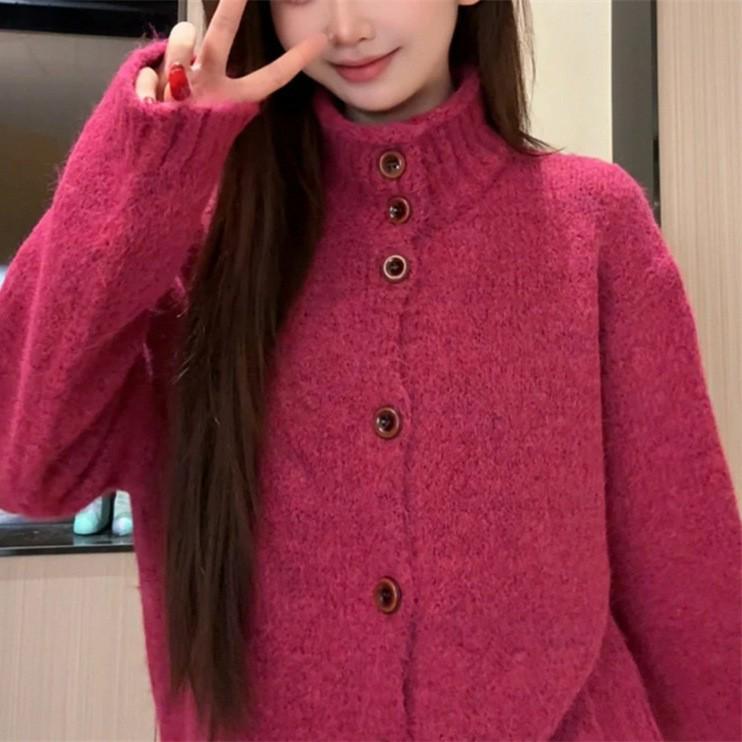2026 Women's Solid Color High Neck Knit Cardigan – Autumn/Winter Collection