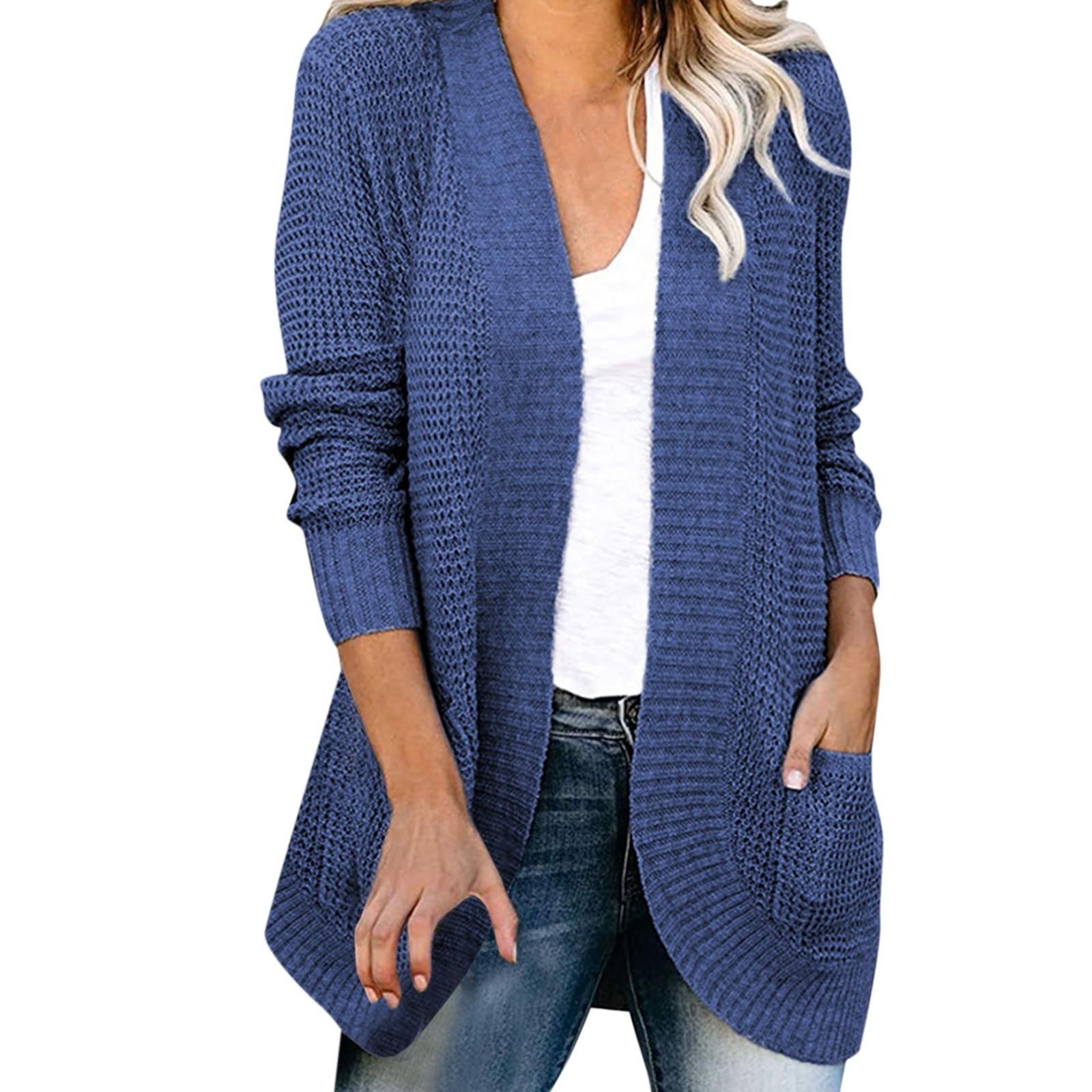 

Women s Casual Loose Solid Color Long Sleeve Cardigan Big Pocket Sweater Cardigan Coat XXL синій