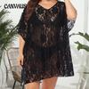 Plus Size Feminino Sexy Renda Oco Ver Através V-Neck Dividir Vestido de Praia Cover-ups