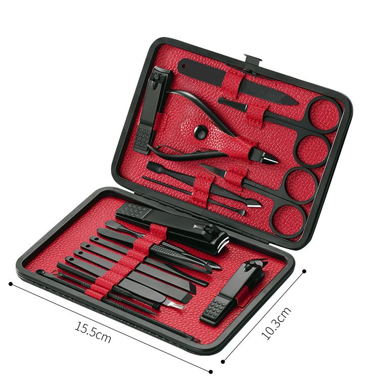 Premium Quality Black Coating Stainless Steel Manicure Set 18 PCS With PU Leather Case