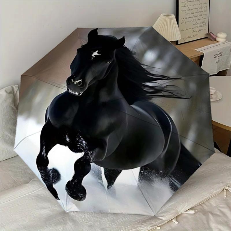 Black Horse In Snow: Automatic Opening/Closing Umbrella with Foldable Design, Ideal for Fans, Travelers, Daily Use, and Festive Gifts!112520