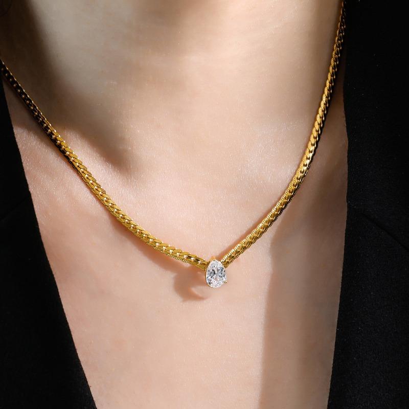Gold Plated Stainless Steel Flat Cuban Chain Necklace With Pear Cut CZ Pendant золотой
