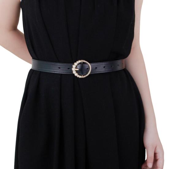 Imitation Leather Women Belt Faux Pearls Pin Buckle Adjustable Holes Design Waistband Versatile Fashion