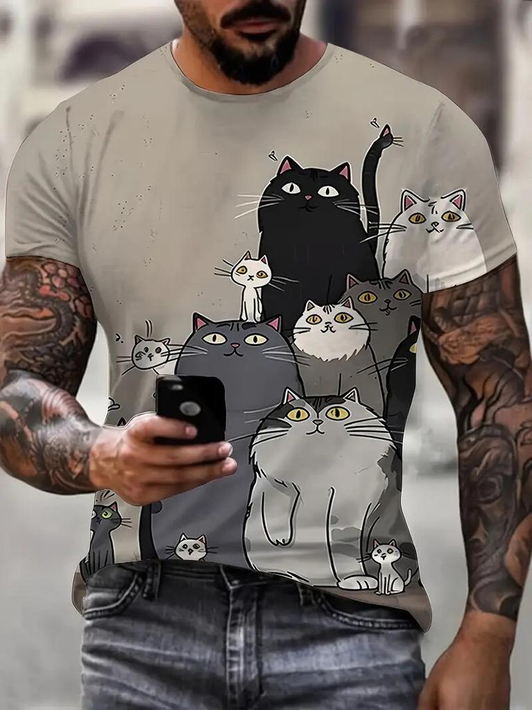 Fun Animal Pattern 3D Printed T-shirt for Men, Loose Fitting Harajuku Round Neck Clothing, Summer Fashion Casual Short Sleeved Tops