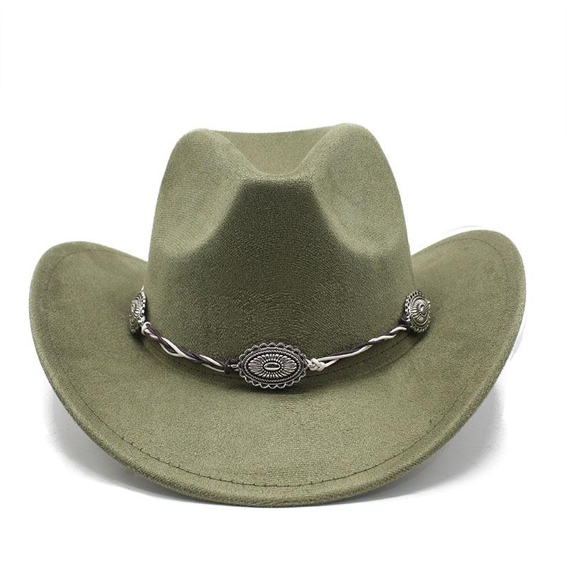 Semišový Upturned Edge Western Cowboy Klobouk Muži a ženy Outdoorový cestovní klobouk Rolled Brim Etnický styl Cylindr Plstěný klobouk