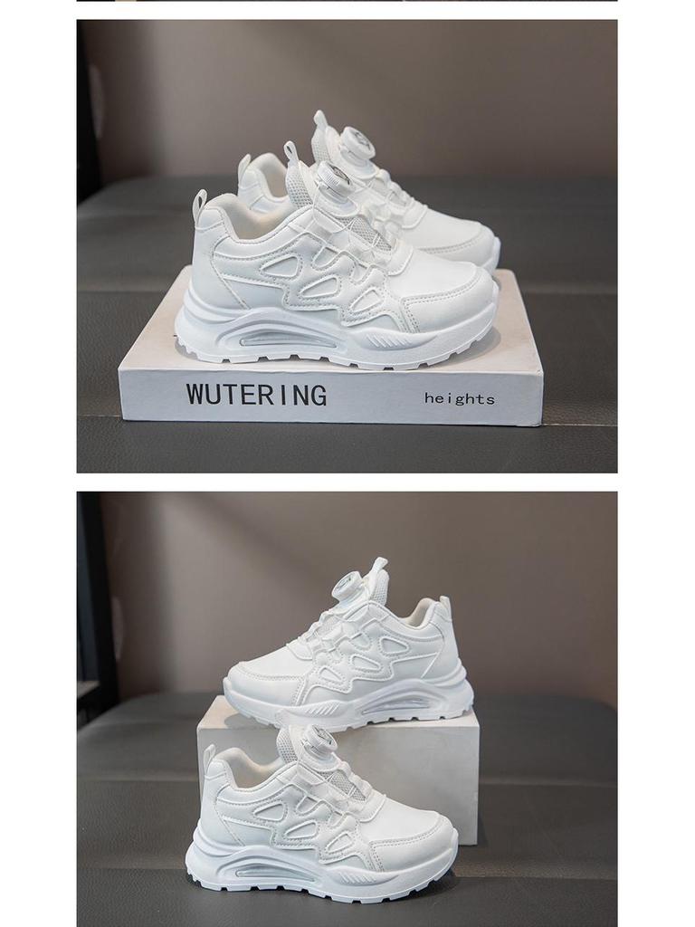 White Leather Sports Shoes with Rotating Button for Girls' & Boys', Soft Sole Lightweight Sneakers for Kids