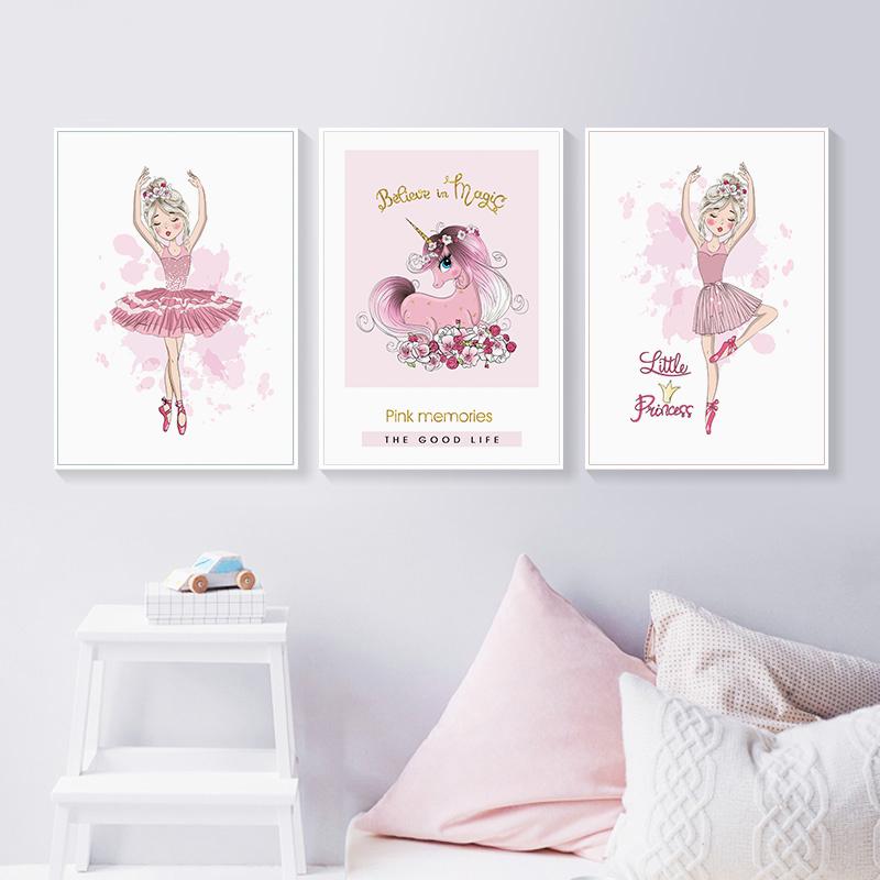 Nordic Rosa Prinzessin Kindergarten Bild Wand Kunst Leinwand Malerei Einhorn Poster und Drucke Wand Bilder für Wohnzimmer Kinderzimmer