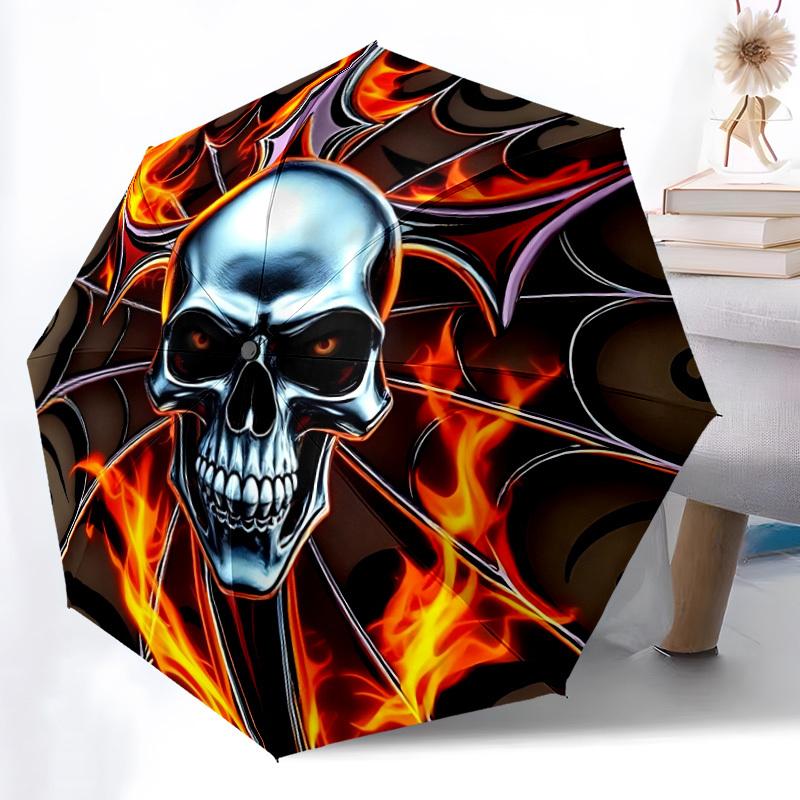 1PC Skull Flames Design Automatic Open/close, All-Season Portable Folding Umbrella for Women & Men yy250919170