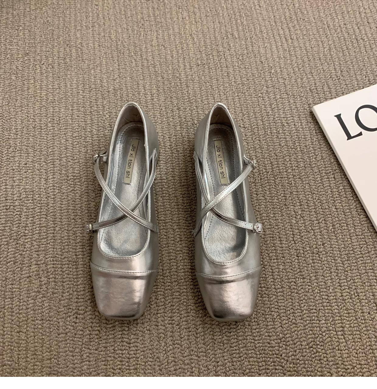 

Fashion Chunky Heel Loafers Silver Mary Jane Pumps Square Head Single Women s Shoes New Spring Cross Belt Buckle Moccasins Heels Women 39 серебряный