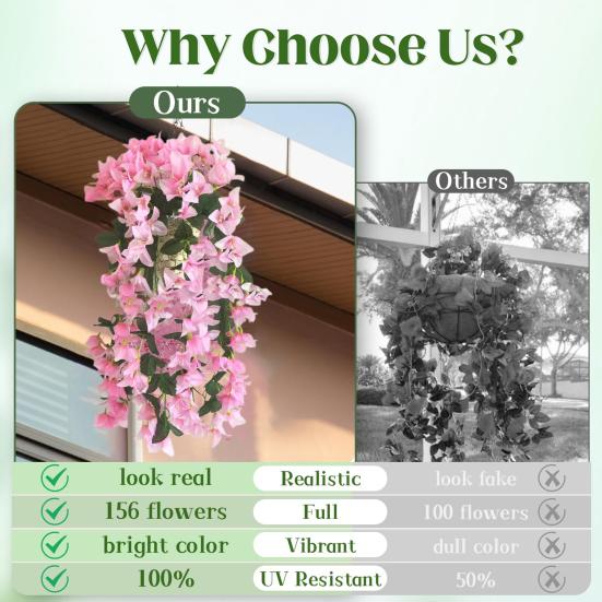 2Pcs Hanging Artificial Bougainvillea Speetabilis UV Resistant Realistic Fake Flower Wedding Party Indoor Outdoor Garden Yard Wall Hanging Faux Bloom