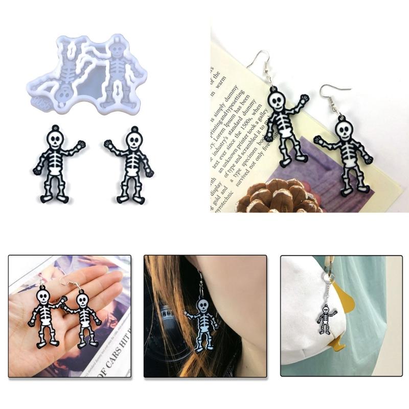Geometric Human Skeleton Earring Epoxy Resin Silicone Mold Luggage Bag Tags Casting Molds with Hole for DIY Crafts