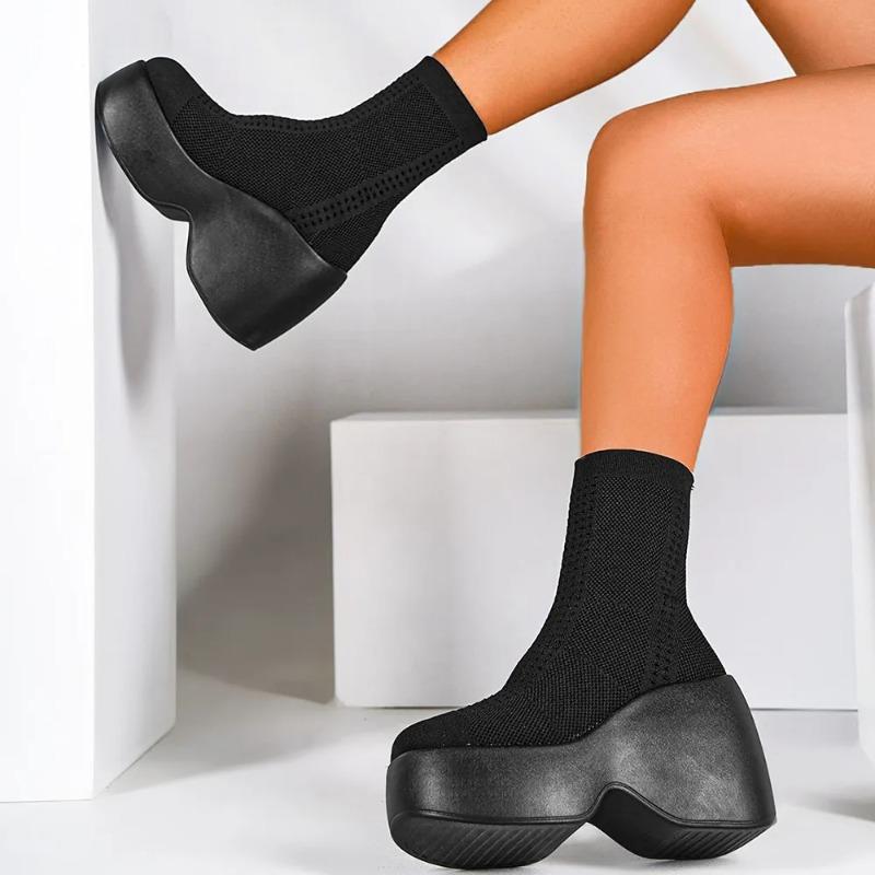 Chunky Platform Knitted Stretch Boots Gothic Wedges Women Ankle Boots Punk Slip-On Sock Boots Winter Trendy Women Shoes