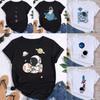 Fashion T Shirt Women Moon Planet Print Fashion Tee Shirts Casual Round Neck Short Sleeve Streetwear Female TShirt Vintage Tops