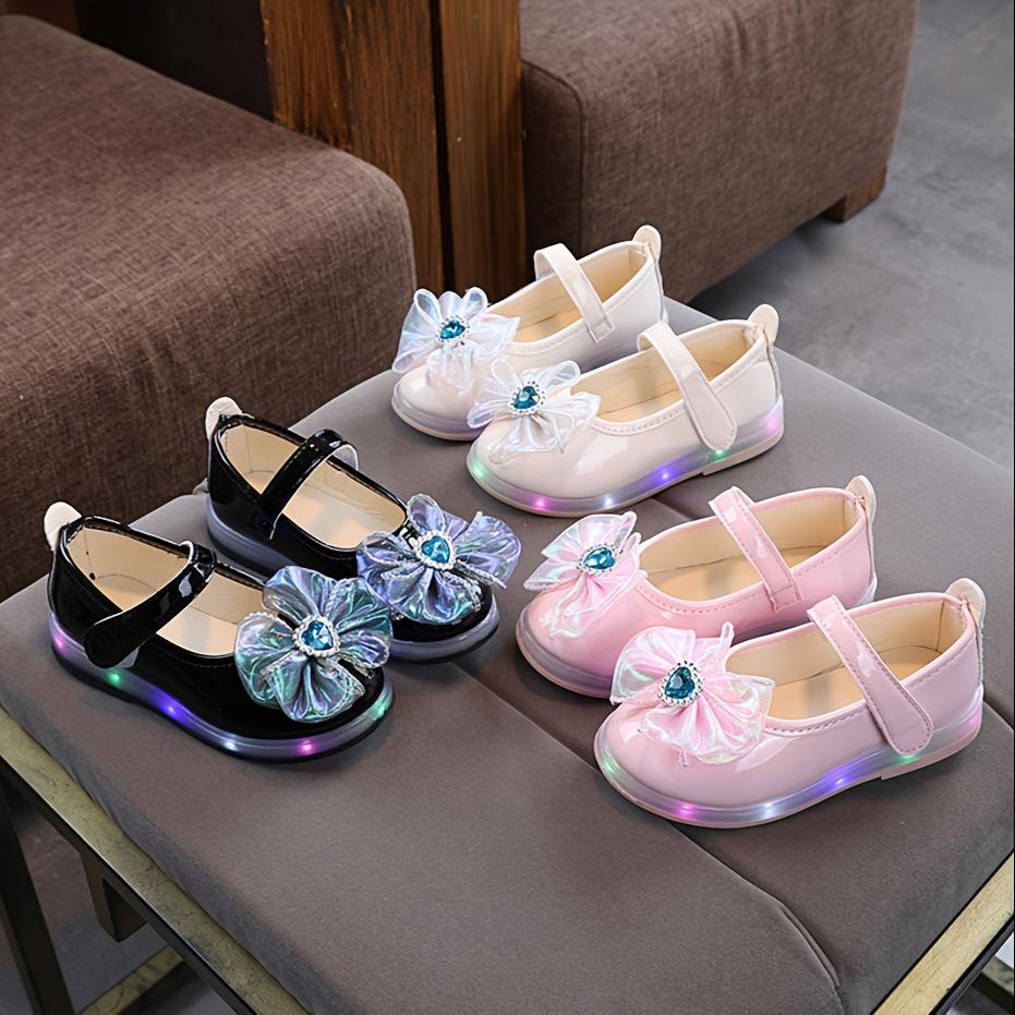 Girls' -Up Shoes with Bow & LED Sole - PU Low-Top Sneakers, Tape Closure for & Girls, Cute & Casual Attire (Suitable for Spring/Summer)