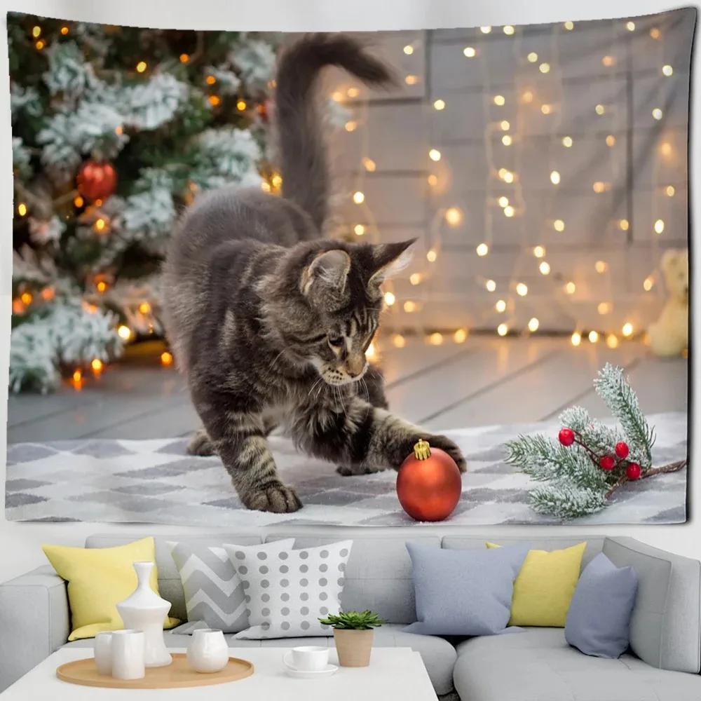Weihnachtliches Katzenmuster Wandteppich Schlafzimmer Wohnzimmer Heim Wanddekoration