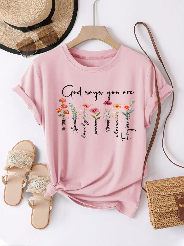 Christian-Inspired Floral Print Women'S White T-Shirt "God Says You Are" with Vibrant Flowers Casual Crew Neck Sleeve for Spring