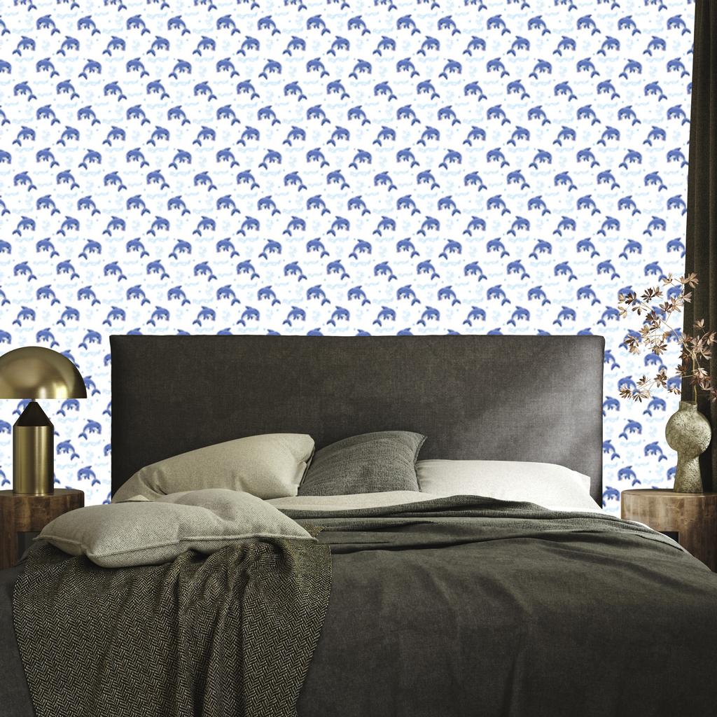 Dolphins Wallpaper White and Blue for Living Room and Bedroom 50x1000