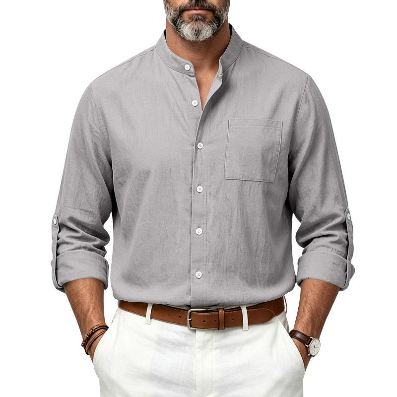 Men S Casual Loose Linen Stand Collar Long Sleeve Shirt