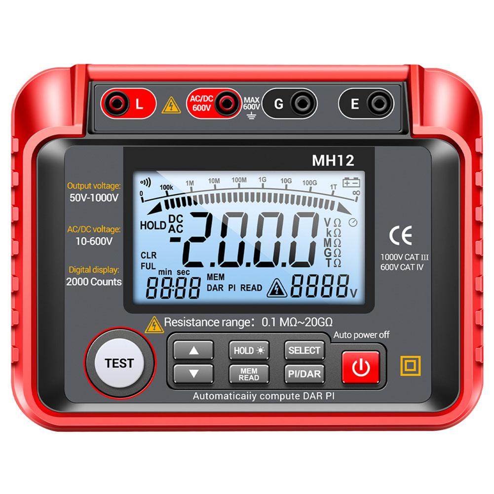MH12 digital insulation resistance tester with extendable support stand and clear backlit screen for easy field measurement