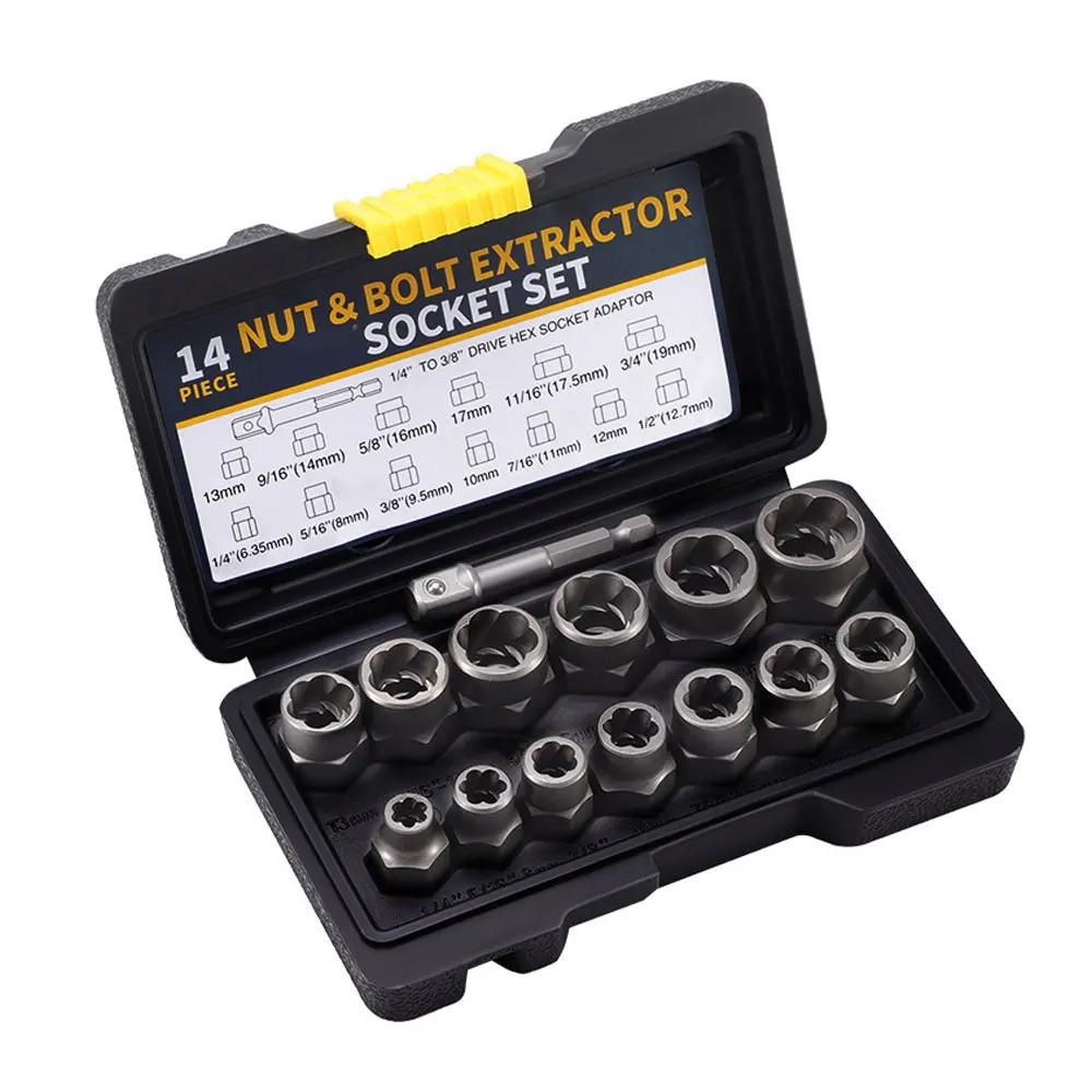 14 Pcs Impact Bolt & Nut Remover Set Steel Bolt Extractor Tool Set with Solid Storage Case for Industrial