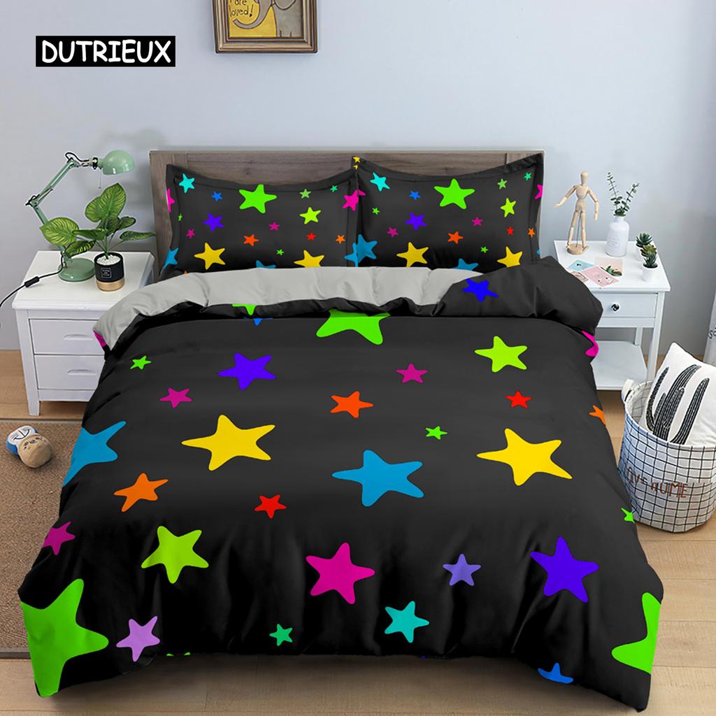 Colorful Stars Duvet Cover Set Microfiber Yellow Pink Stars Soft Bedding Set Single King Queen Twin Size 2/3pcs Comforter Cover