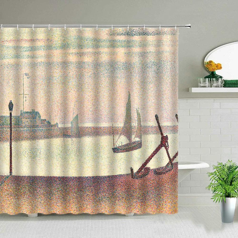 

Sailboat Ocean Scenery Bathroom Shower Curtains Oil Painting Landscape Waterproof Bath Curtain Bathtub Decor Cloth Set With Hook W60H190(CM)-1 Pcs