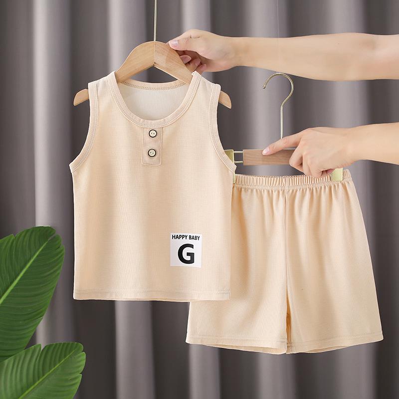 Boys' Casual Summer Waffle Vest and Shorts Set In Light Neutral Tone