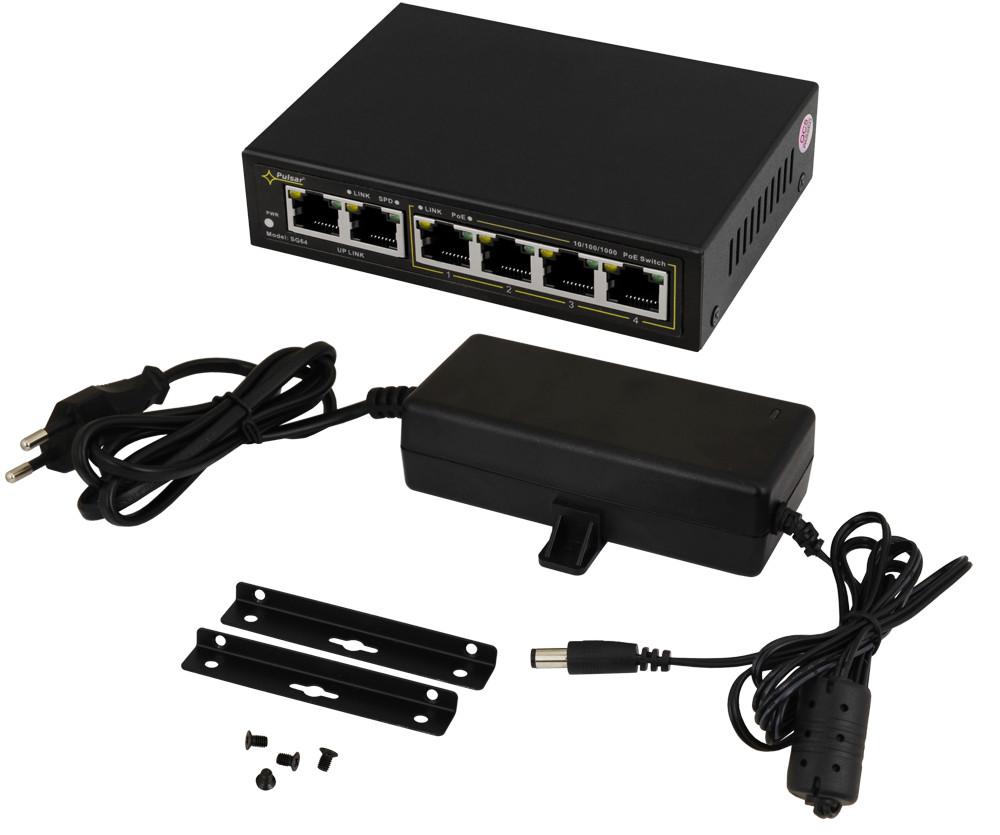 PULSAR SG64 6-Port Gigabit PoE Switch, 4 PoE + 2 Uplink, 30W