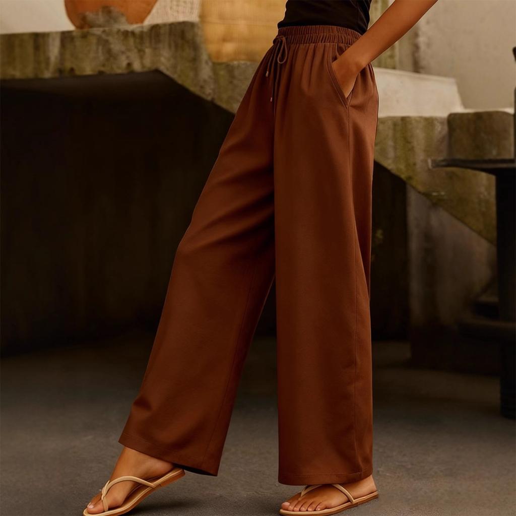 Damen Modische Einfarbige Elastische Taille Tasche Kordelzug Gerades Bein Lässige Hose