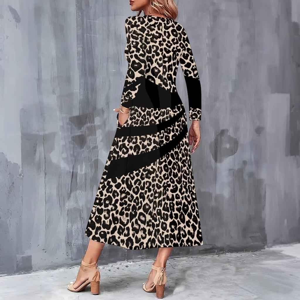 Women Plus Size V Neck Long Sleeve Leopard Print Pockets A Line Midi Dress