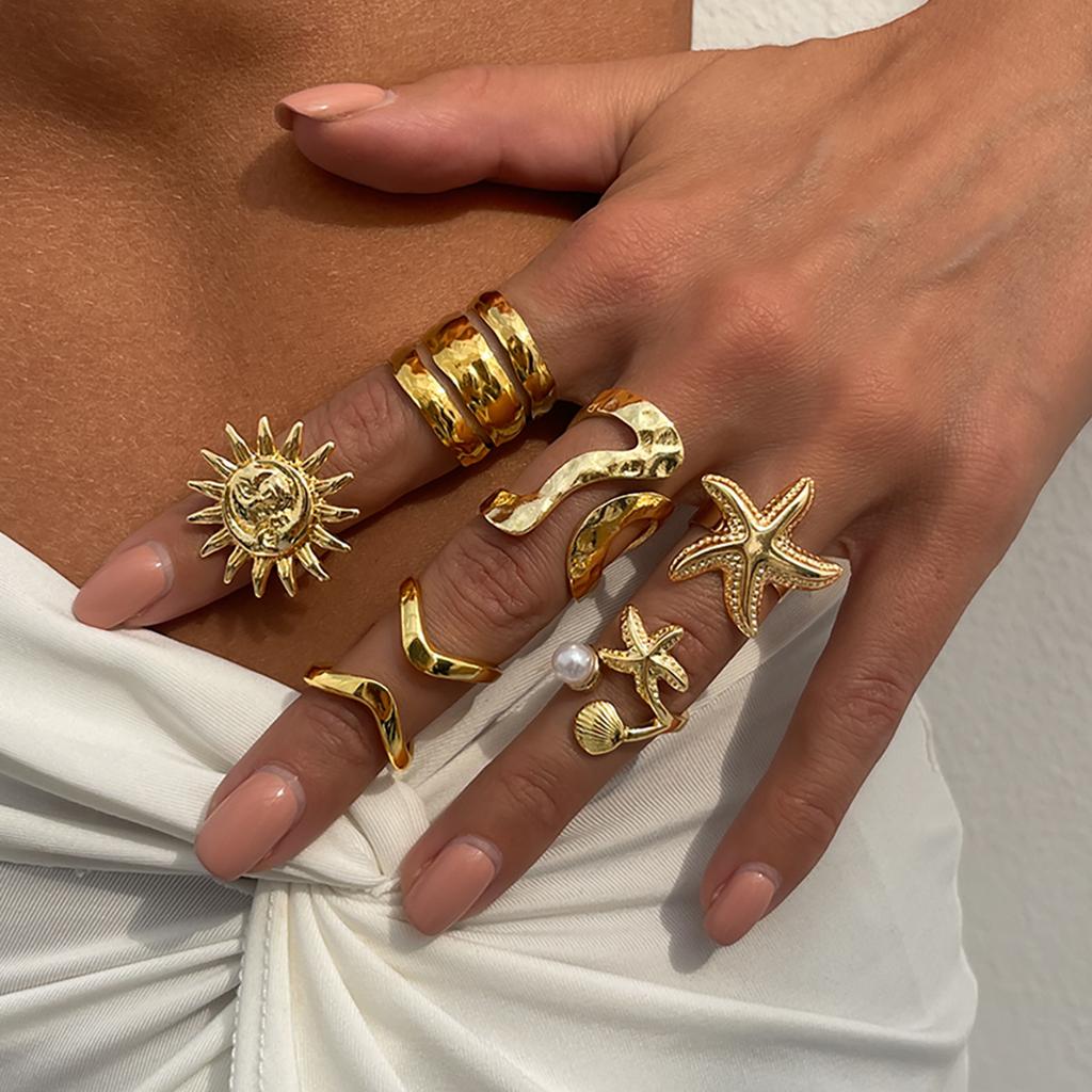 DIEZI Different Style Punk Retro Imitation Pearl Starfish Flower Knuckle Rings For Women Vintage Fashion Joint Ring Jewelry