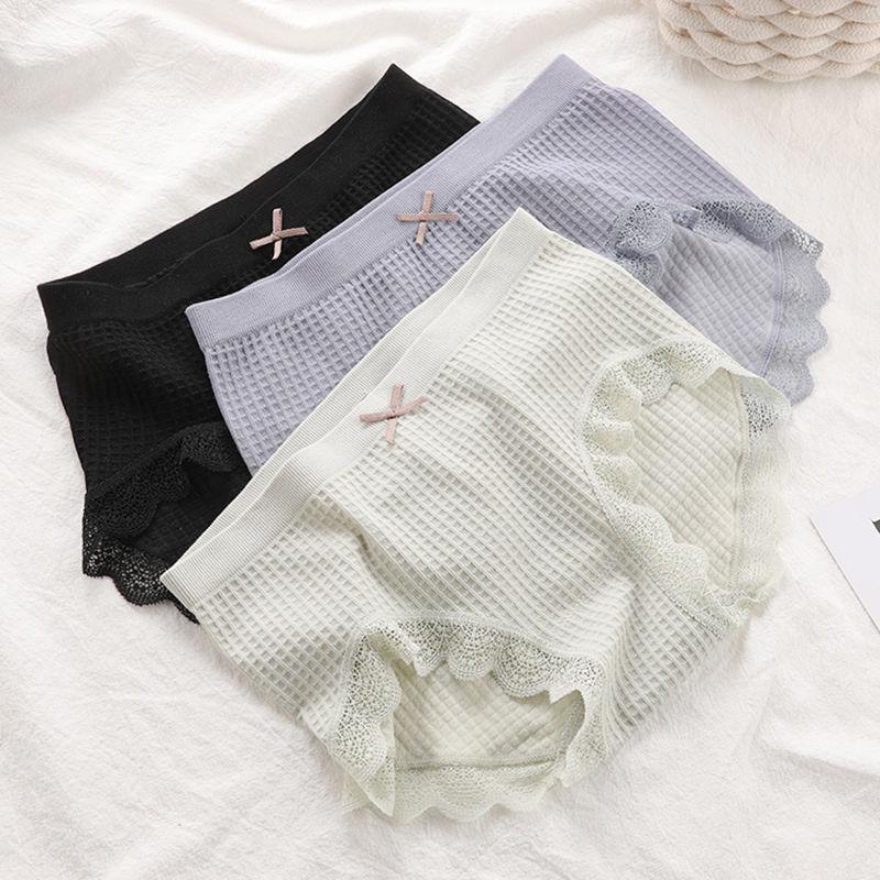 Exquisite Waffel Traceless Sexy und charmante Spitzenhose Damen Mid Waist Graphene Cotton Crotch Damen Dreieckshose