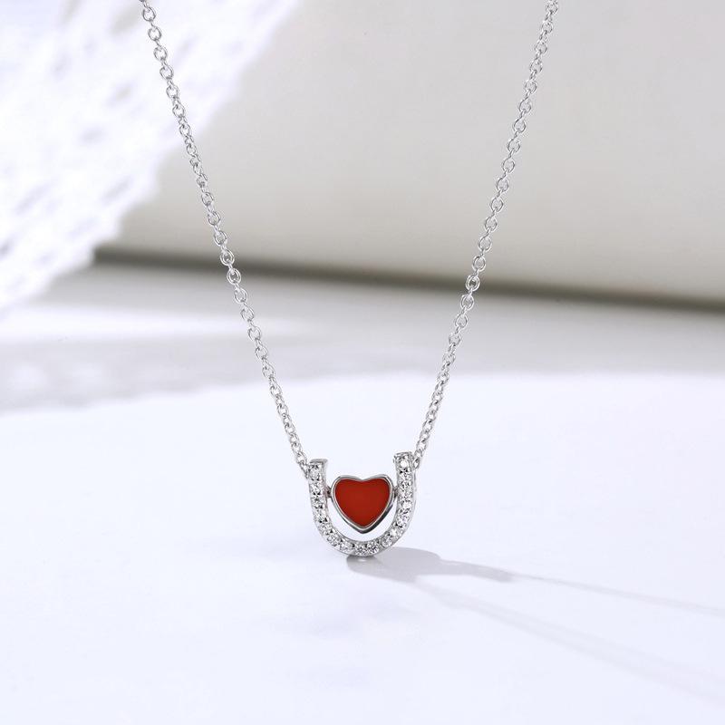 Heart-Shaped U-Design 925 Sterling Silver Red Enamel Pendant Necklace for Women - Korean Simple Style 925 Silver