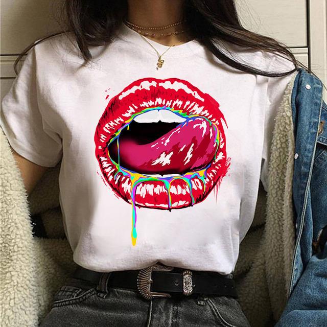 Fruit And Lips Print T Shirt New Fashion Women T Shirt Harajuku Tops Female Graphic Tee Ladies Cute Tee Shirt White Woman T-Shi