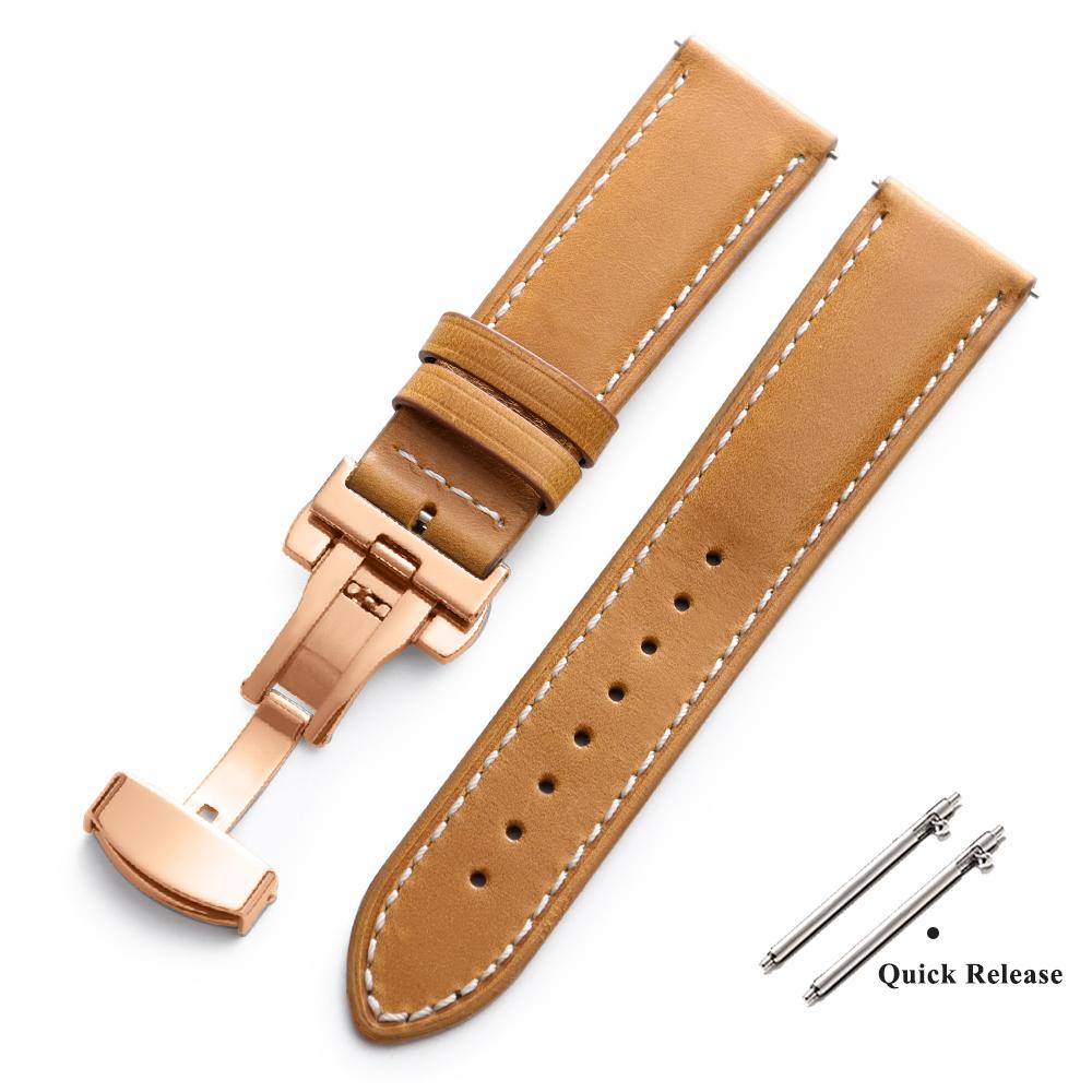 Vintage Oljebetsat Läder Klockarmband 18mm 20mm 22mm Universellt Huvud Lager Ko Läder Klockarmbands Tillbehör Fjärilsspänne Armband