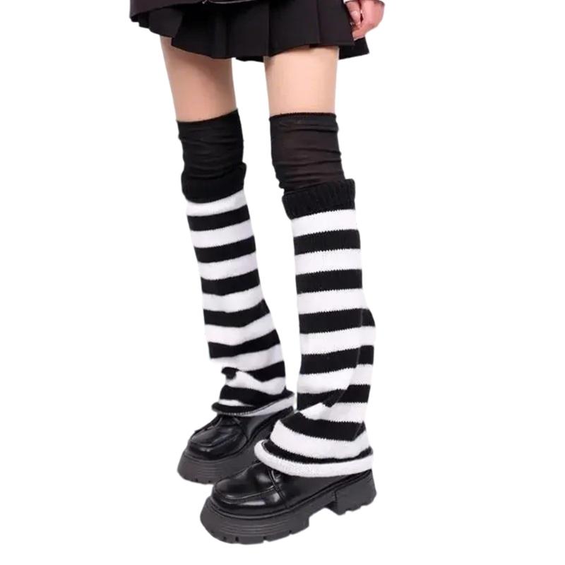 Punk Styles Japanese Harajuku Knitted Striped Flared Leg Warmers and Thigh High Long Socks Set for Women Teen Streetwear