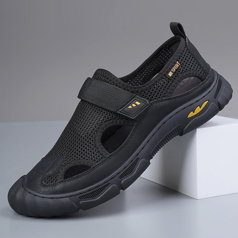 Fashion Breathable Mesh Footwear Outdoor Leisure Hollow Out Sandals Hand-stitching Men's Beach Flats Summer New Fashion Male Sandals