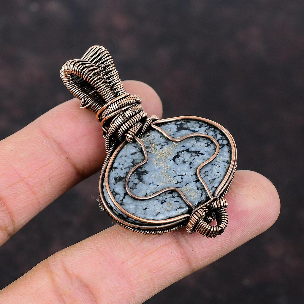 Snowflake Obsidian Pendant Copper Wire Wrapped Gemstone Pendant Rainbow Moonstone Jewelry Handmade Boho Pendant Copper Jewelry Gift For Him