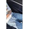 American Retro Blue Plaid Jeans Men's Spring Design Sense High-end Slightly Pull Pants Loose Wide-leg Pants