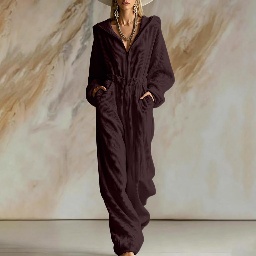 Women's Casual Corduroy Hooded Zip-Up Jumpsuit with Long Sleeves and Loose Fit for Fall and Winter