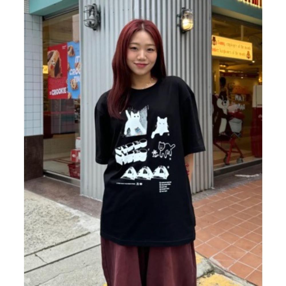 Summer American-style children's short-sleeve T-shirt with cute cat print, crew neck loose top with fun design