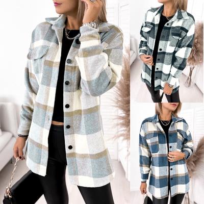 Damen-Hemden mit gebürstetem Karomuster, langärmlig, Flanell, Revers, Knopfleiste, Taschen, Shacket-Jacke, Mäntel