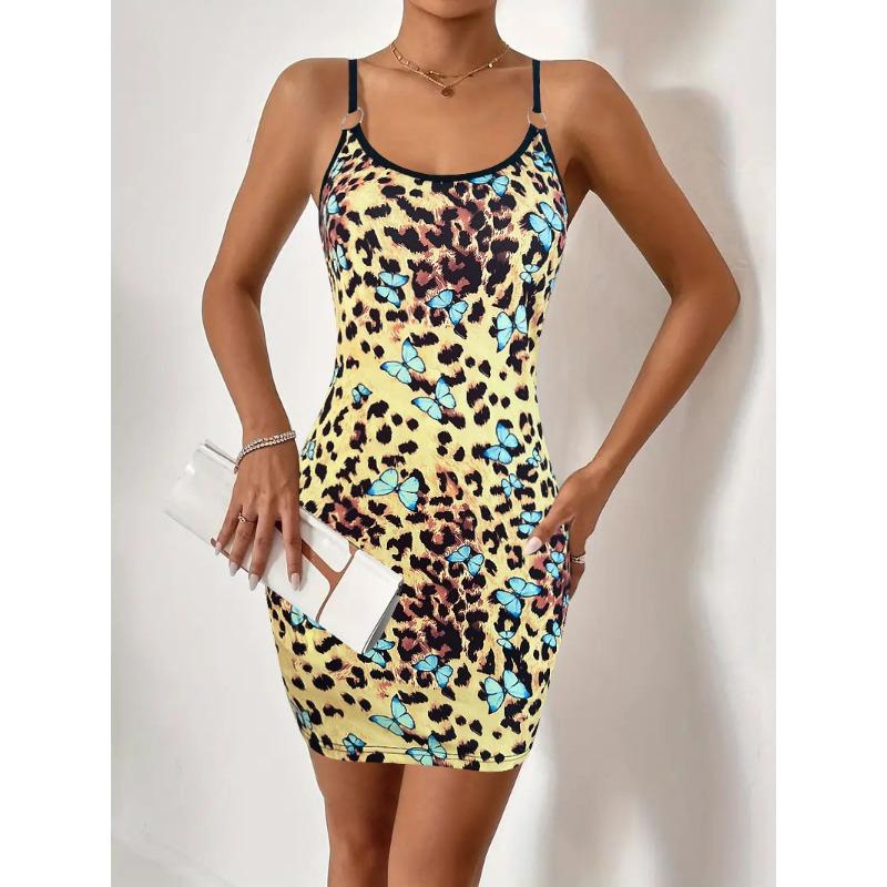 

JKASHDK Женская мода лето весна леопардовый принт без рукавов подтяжки высокая талия повседневные платья XXL жёлтый