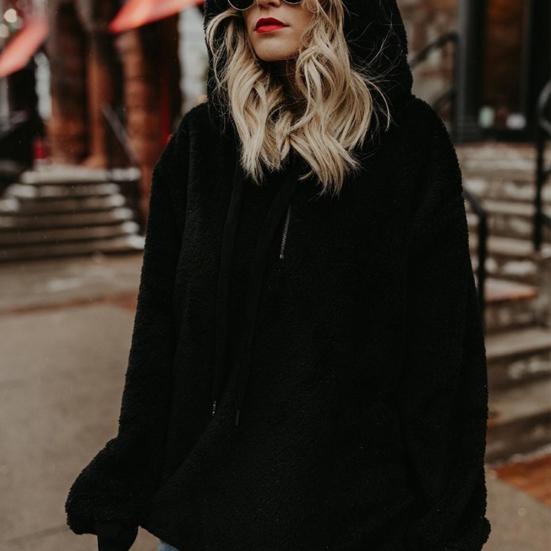 Damen-Fleece-Kapuzenpullover, einfarbig, langärmelig, Kapuzenpullover mit Kordelzug