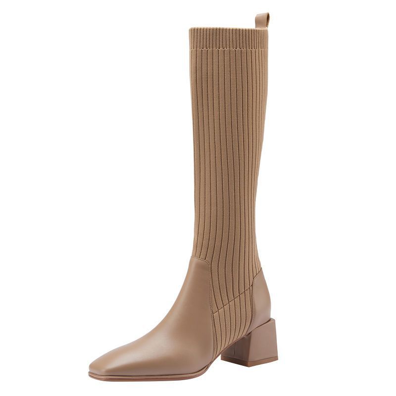 Socks Boots Elastic Thin Boots Soft Leather Retro Women's Spring and Autumn Thick Heel Medium Heel Knitted Thin Medium Tube But Knee Boots