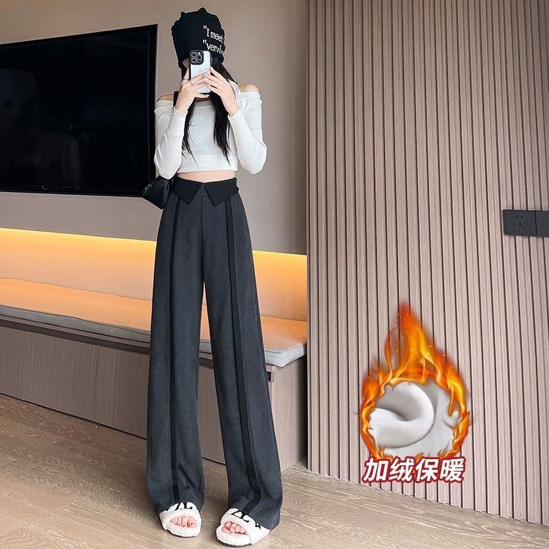 

Soft Waxy High-waisted Casual New Style Contrasting Cuffed Chenille Wide-leg for Women s Winter Pants S серый