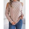 Women's Off-Shoulder High Neck Cable- Sweater - Soft Stretchy Long Sleeve Pullover, Solid Color Casual Chic Fall Winter Top, Highneck Pullover